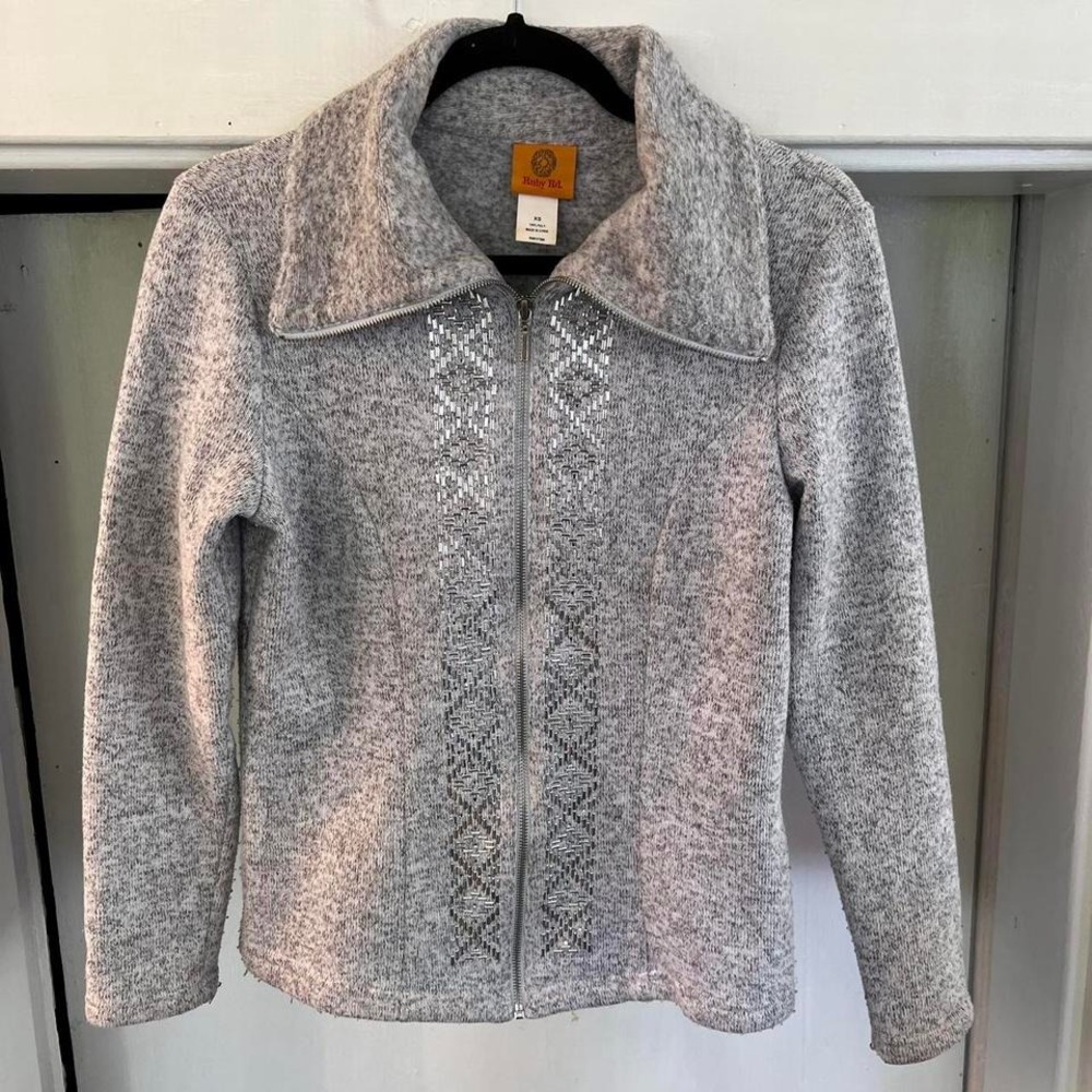 Ruby Rd grey zip up cardigan sweater knit jacket embellishments cowl neck sz XS